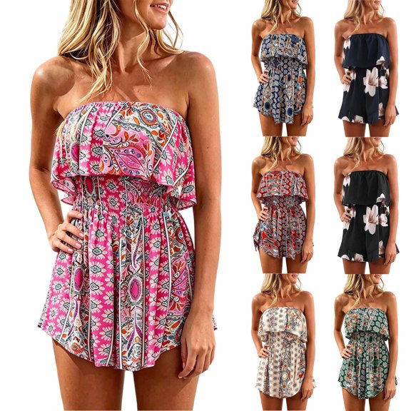 Jumpsuits For Women Elegant Bandeau Rompers Sleeveless Floral Print Overalls Summer Shorts One Piece Holiday Dress Beige L
