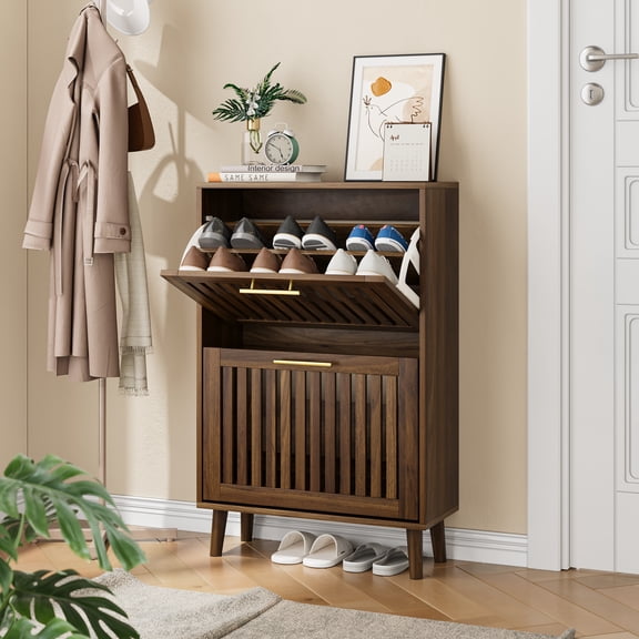 TOPCOMFY 23.6-Inch Walnut Shoe Cabinet, Medieval Modern Design with 2 Flip Drawers for Corridors and Entrances