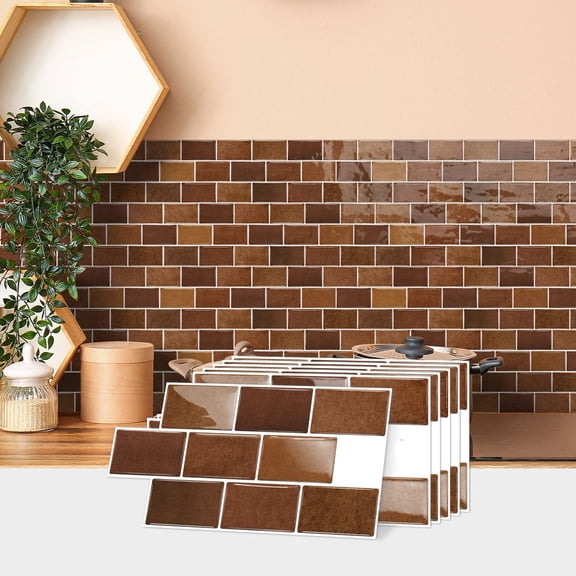 6 Piece Peel and Stick Tiles Stickers Brown Marbling 6 x 12inch Mosaic 3D Brick Wall Decals Self Adhesive Waterproof Kitchen Backsplash DIY Decor