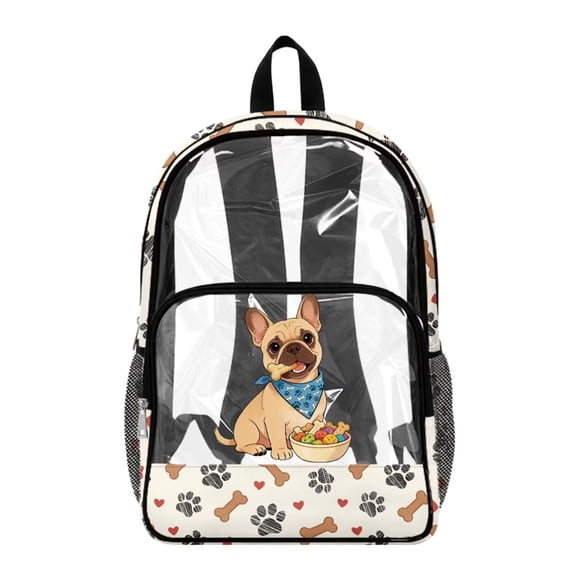 SEANATIVE Clear Backpack for Kids School Bag 17 Inch Large Capacity Bookbag Transparent Clear Bag Lightweight Casual Travel Beach Backpack for Teen Students, French Bulldog Dog Paw Bone Beige