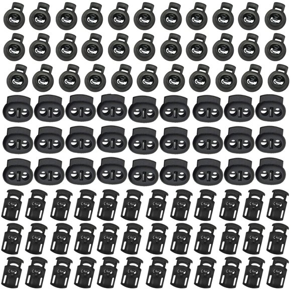 TIHOOD 150PCS Professional DIY Plastic Spring Fastener Cord Lock Toggle Stopper Buttons Fastener Slider (2-Hole Ellipse x50,1-Hole Cylinder x50, 1-Hole Ball x50)