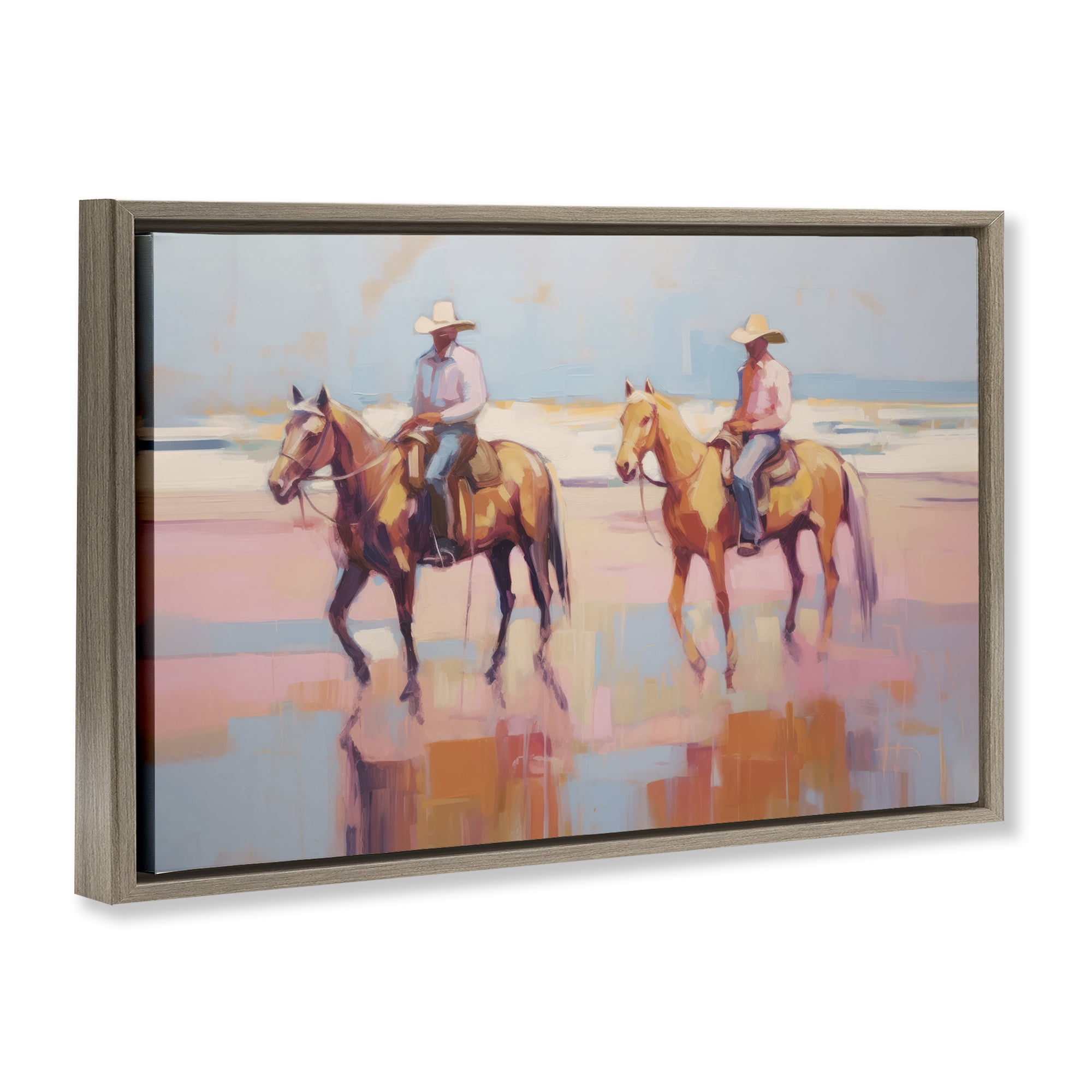 Stupell Industries Two Cowboys in Creek People Painting Brown Floater Framed Canvas Art Print Wall Art, 31 x 21