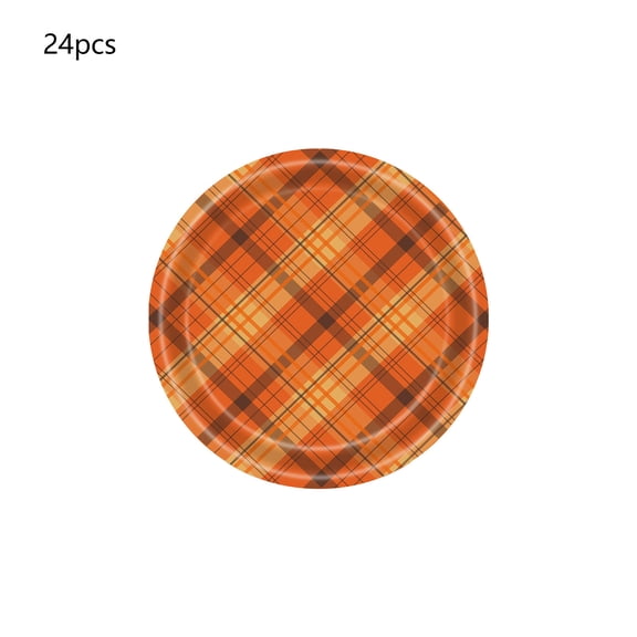 Thanksgiving Disposable Paper Plates Vintage Style Plaid Print 24Pcs Holiday Tableware for Home Party Picnic Camping
