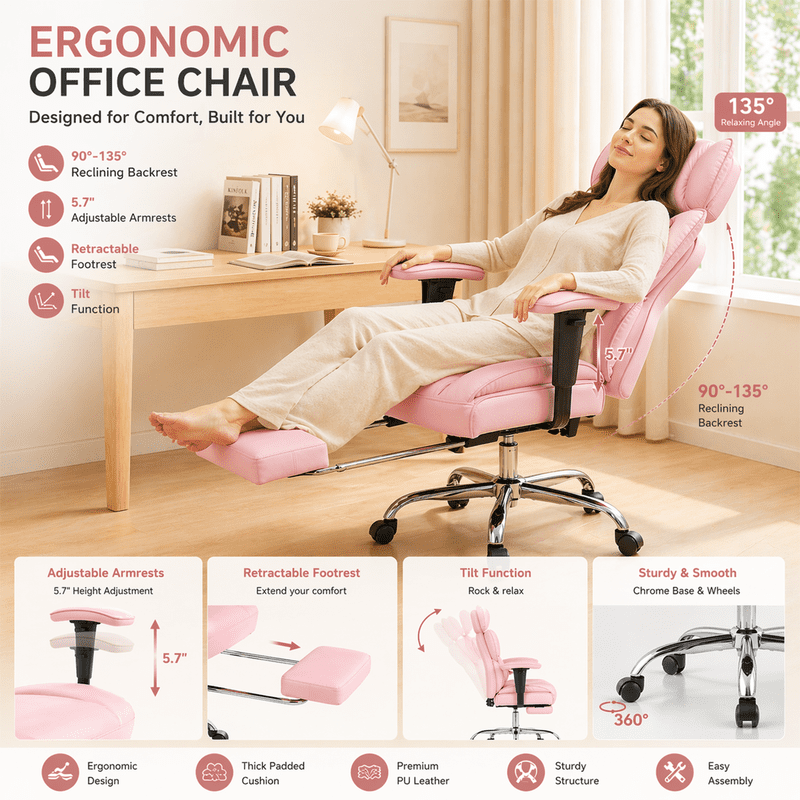 Simple Deluxe 350lbs Executive Heavy Duty Office Chair for Big & Tall, PU Leather Ergonomic Reclining Desk Chair with Footrest, Pocket Spring Cushion, Pink