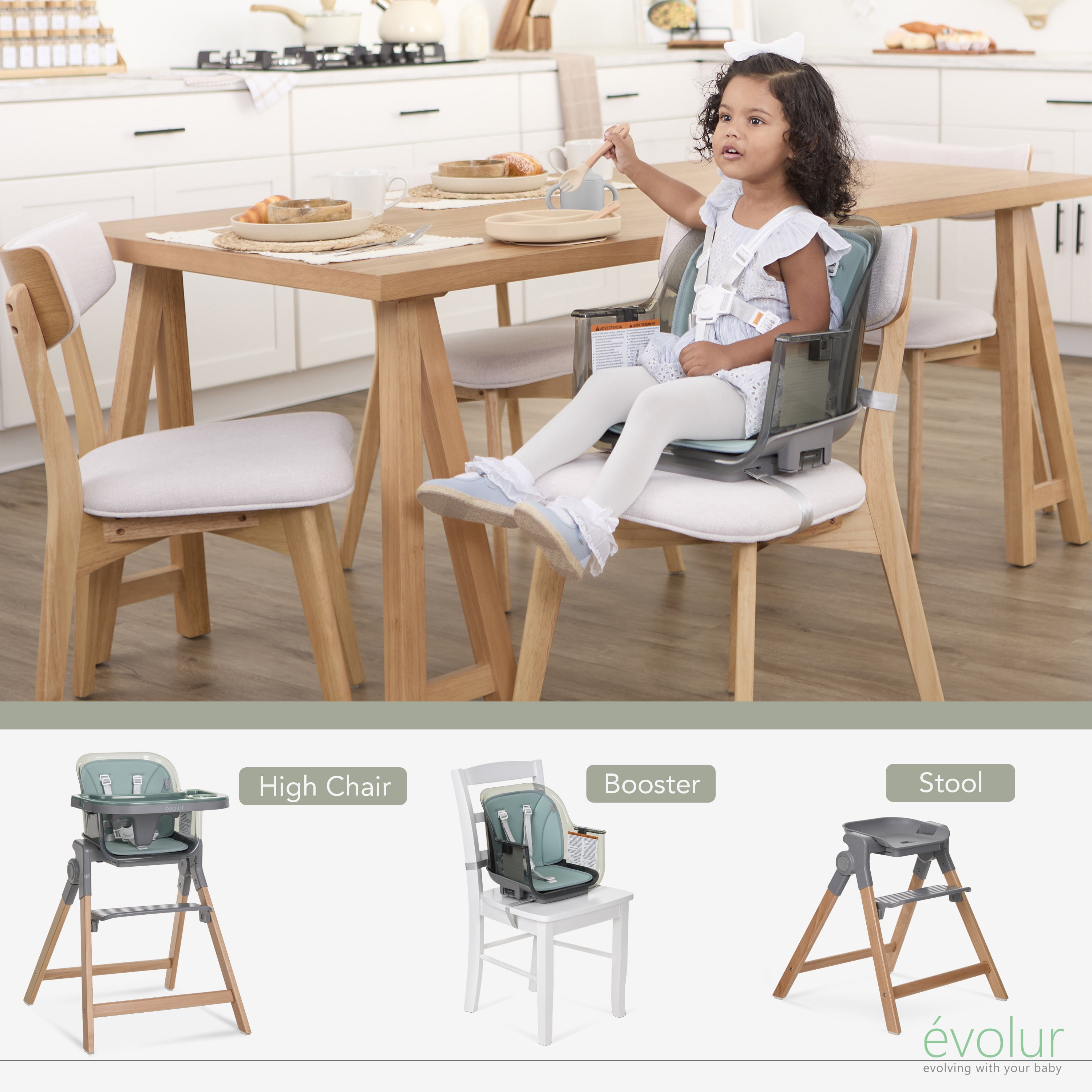 Evolur Tiny Throne 2-in-1 Portable High chair in Matcha Green, Baby High Chair Converts into Booster Seat & Adult Stool, Removable Tray and Easy To Clean