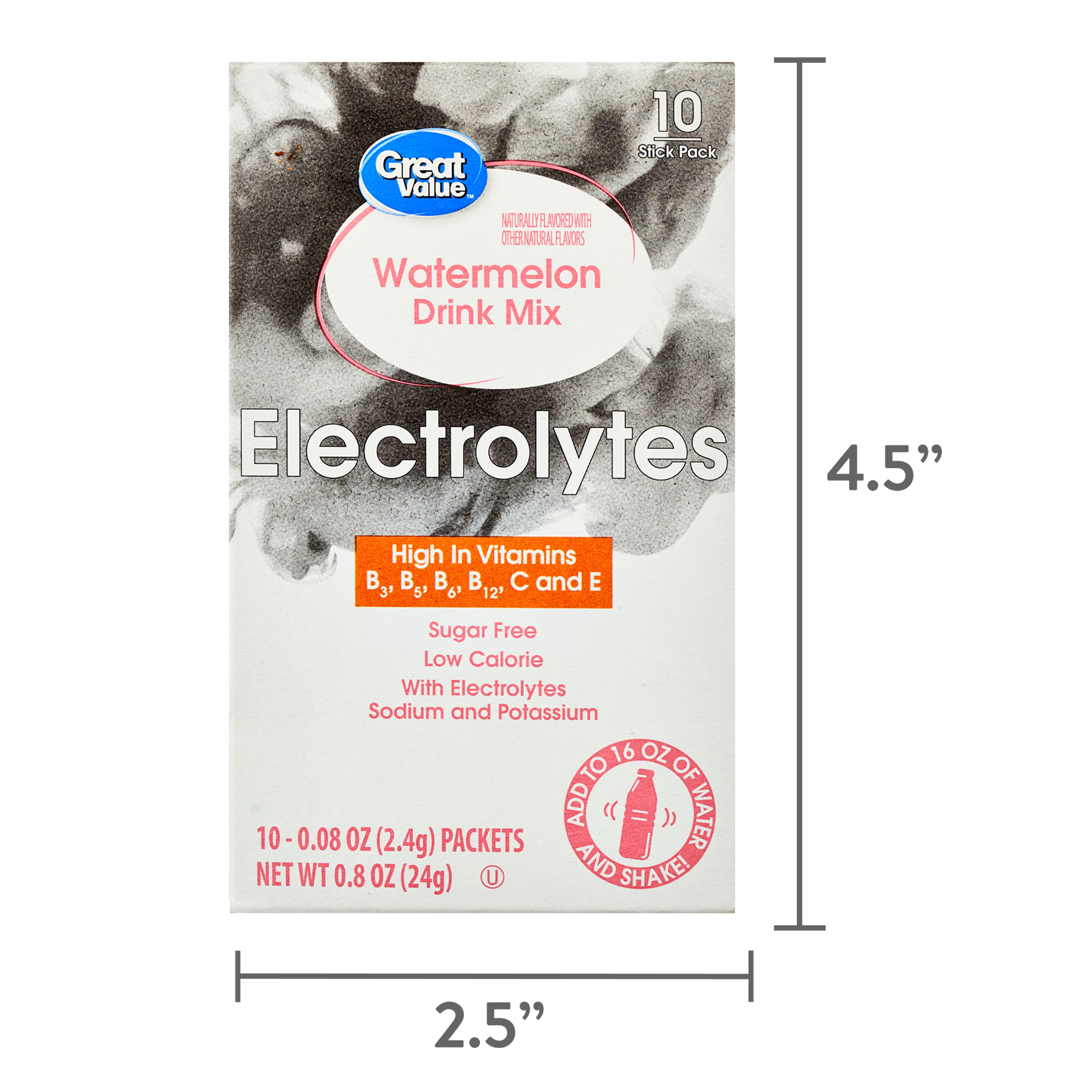 Great Value Sugar Free Watermelon Electrolytes Powdered Drink Mix, 0.8 oz, 10 Packets 0.85 oz