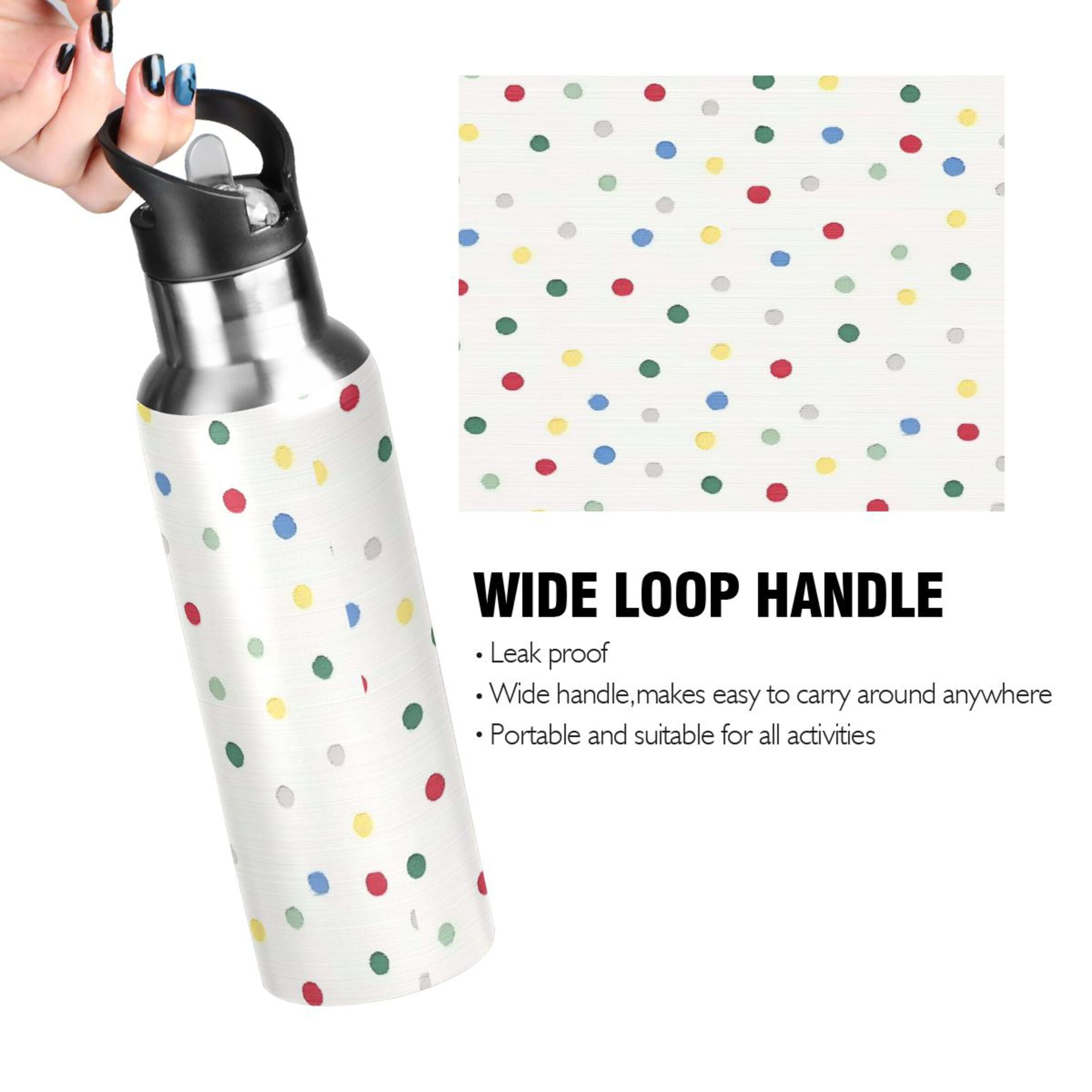 Iauyy Stainless Steel Double-Wall Vacuum Insulated Water Bottle with Straw-600ml&1000ml BPA-Free Leak-Proof for Travel Workouts Outdoor,Green Dots