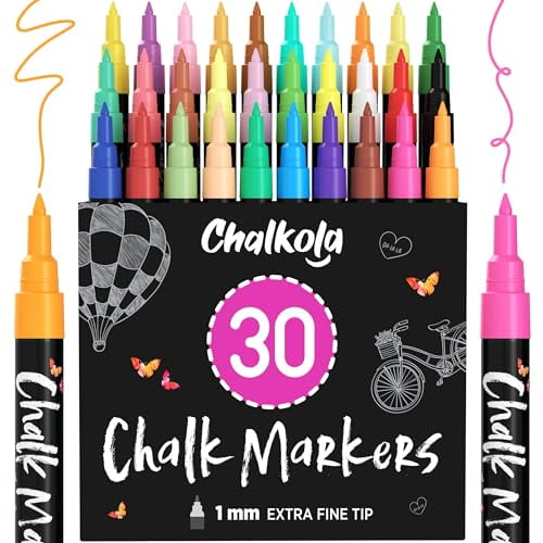 Extra Fine Tip Liquid Chalk Markers (30 Pack 1mm) Pastel + Neon Chalk Pens - Erasable Dry Erase Marker for Chalkboard, Blackboards, Window, Bistro, Car - Fine Tip Chalk Markers fo