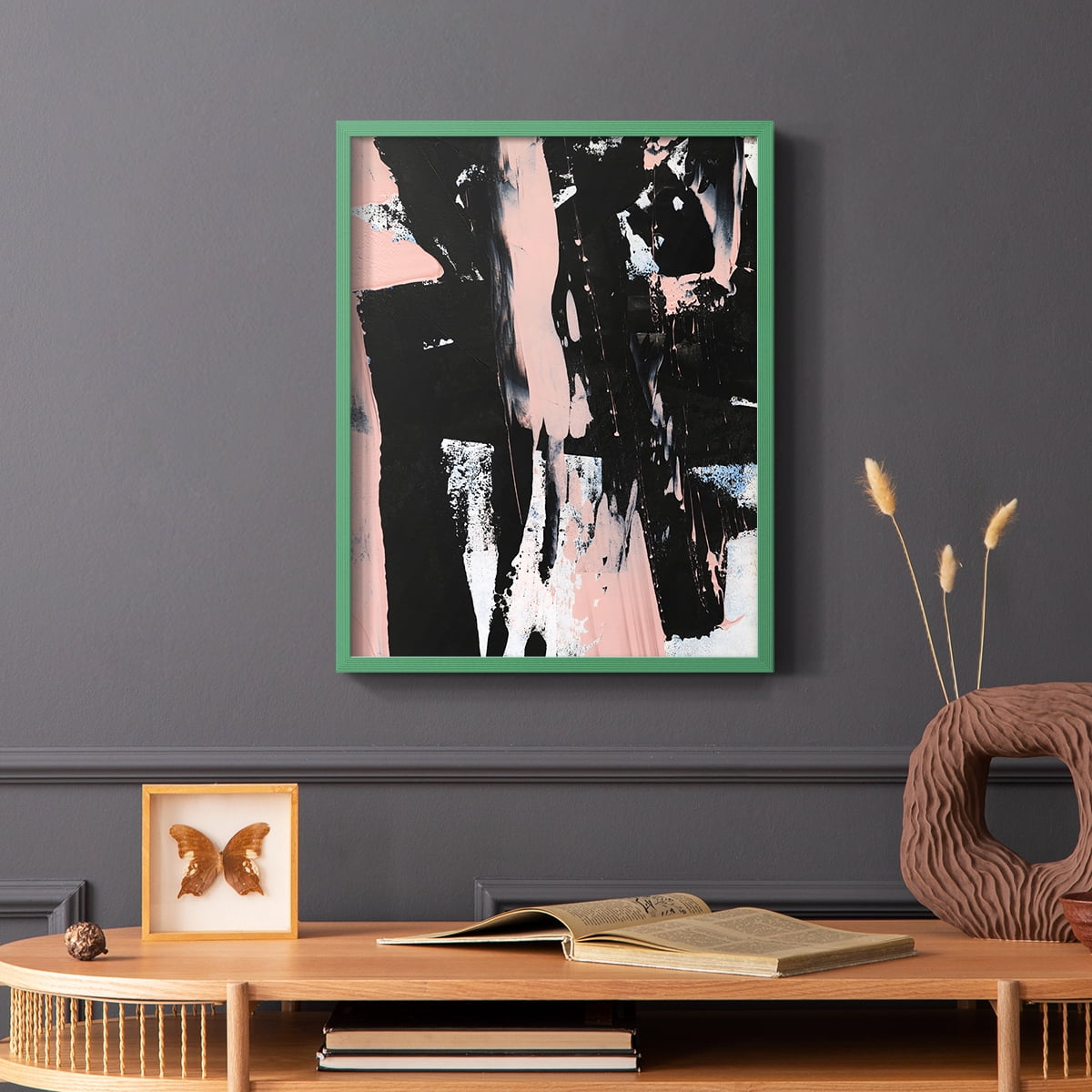 Black & Blush I Framed Print in Green Solid Wood Framed Print No Nail Hanging