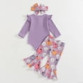 thumbnail image 5 of masbird Newborn Baby Girl Clothes 3pcs Fall Winter Outfits Rib Frill Long Sleeve Romper Daisy Flared Pants Headband Set,Purple,0-3 M, 5 of 9