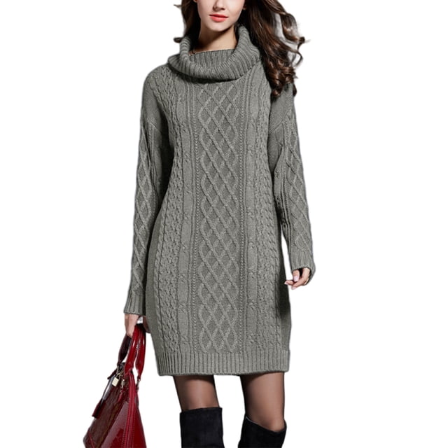 Fashnice Ladies Sweater Dress Chunky Pullover Mini Dresses Turtleneck Jumper Slouchy Warm Grey S