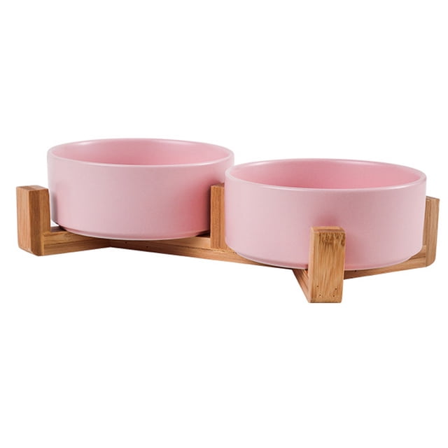 Cuencos para mascotas Laklulu, juego de cuencos de cerámica para perros y gatos con soporte de madera para comida y agua, cuencos antideslizantes para mascotas