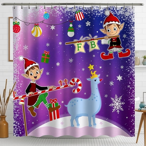 Whimsical Christmas Shower Curtain with Elves, Reindeer & Festive Design