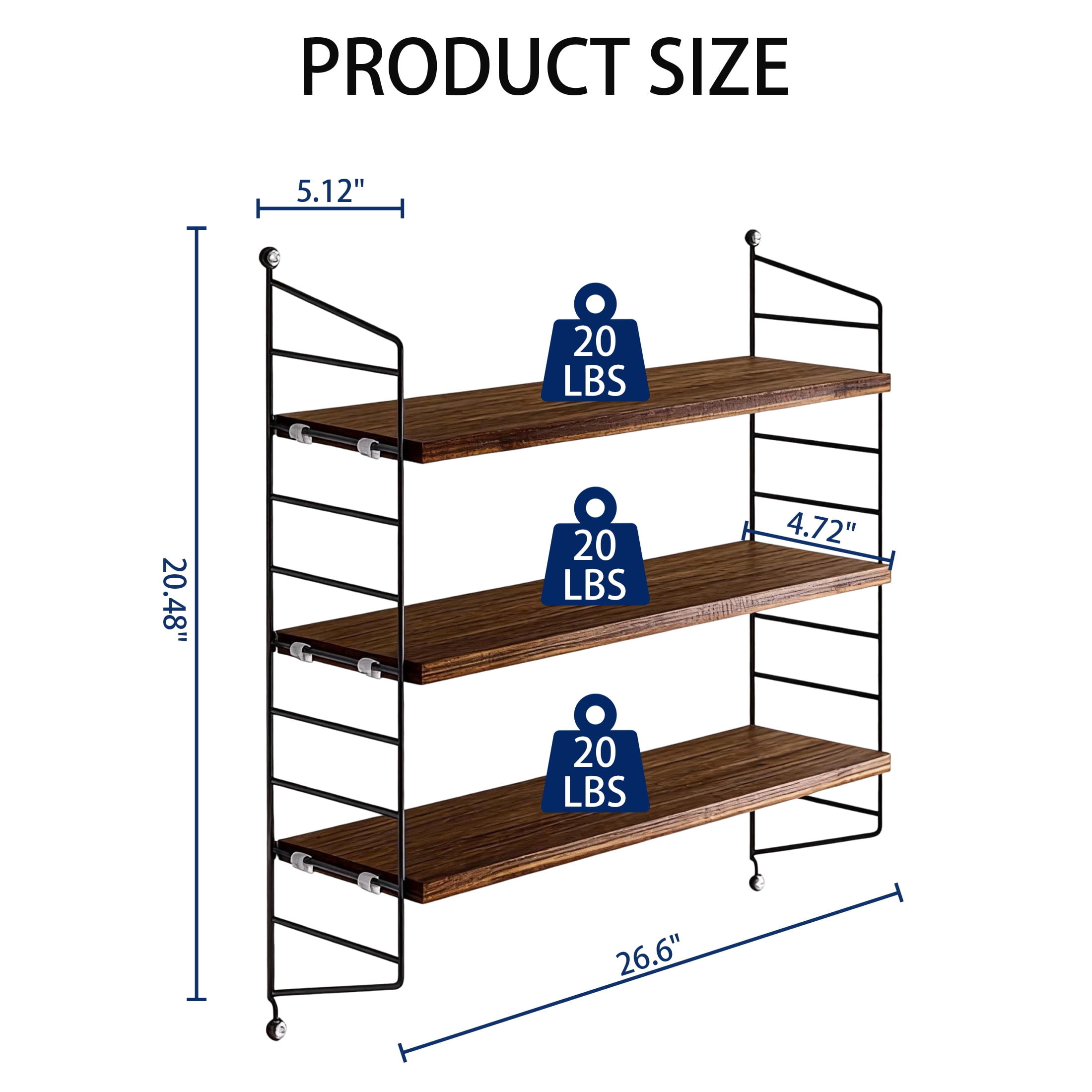 GARITIN Floating Shelves for Wall, 3-Tier Wall Shelves with Adjustable Shelf, Wood Storage Shelf for Books, Room Decor, Hanging Shelf for Living Room, Bedroom