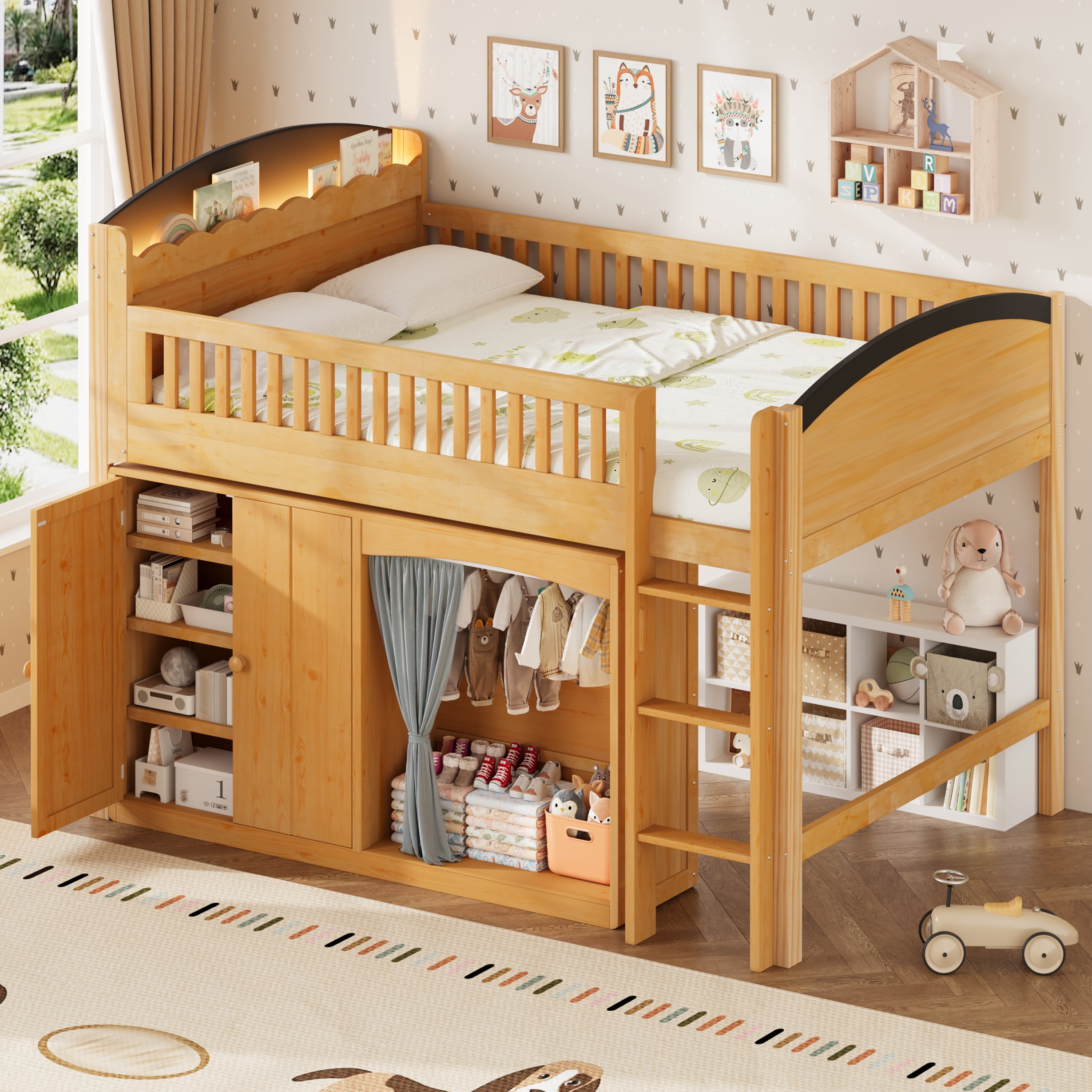 Euroco Wood Full Loft Bed with Wardrobe and Cabinets, LED Light, Wood