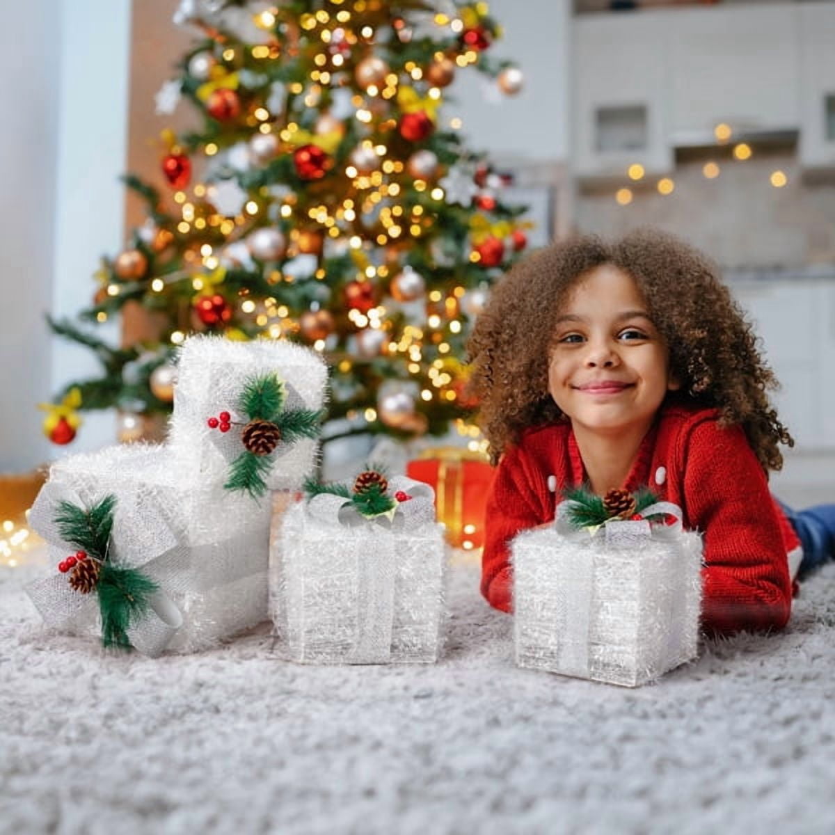 3-Piece Lighted Christmas Gift Boxes Set, 48 Multicolor LED Lights, Nesting Design for Storage, Indoor/Outdoor Decor for Tree, Porch, Yard