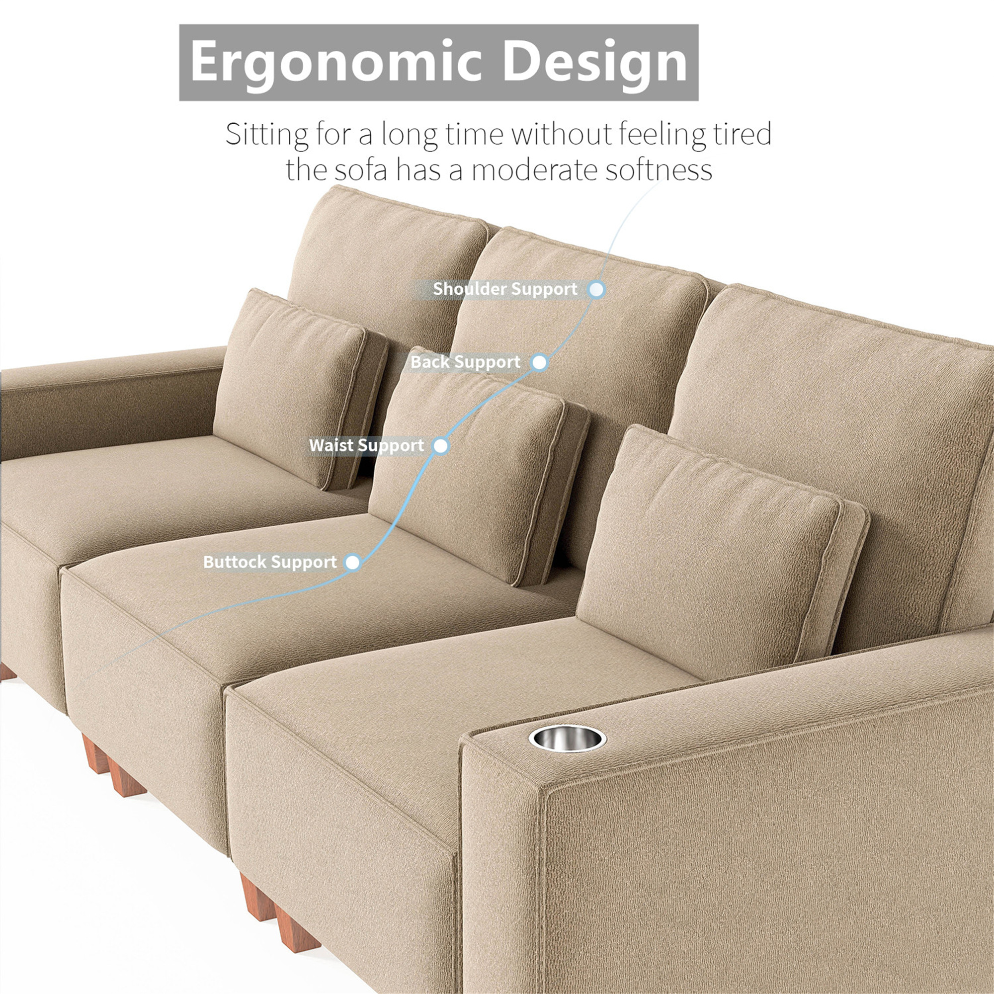 Aukfa 3 Piece Sofa Set - 71" Deep Seat Couch Loveseat Couch with Cup Holders&Pillows, Chenille, Khaki