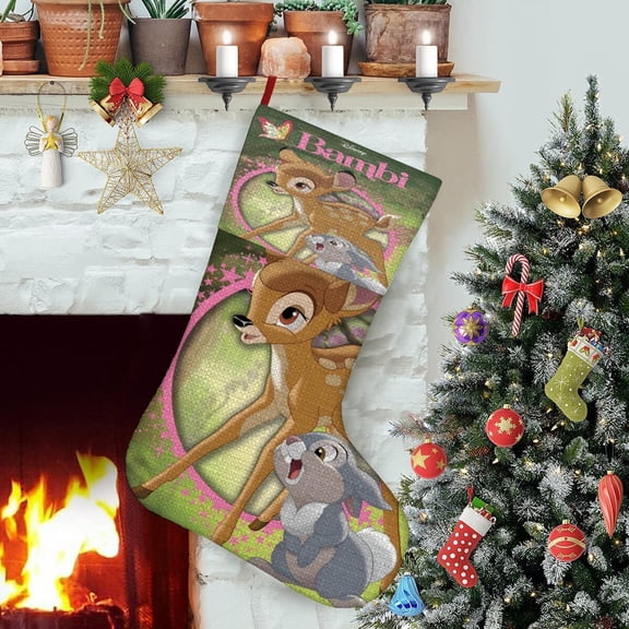 Bambi-theme Christmas Stockings，Fine white linen for Stairs Fireplace Hanging Xmas Home Decor Christmas gift17.7"X12.6"(45cm×32cm)
