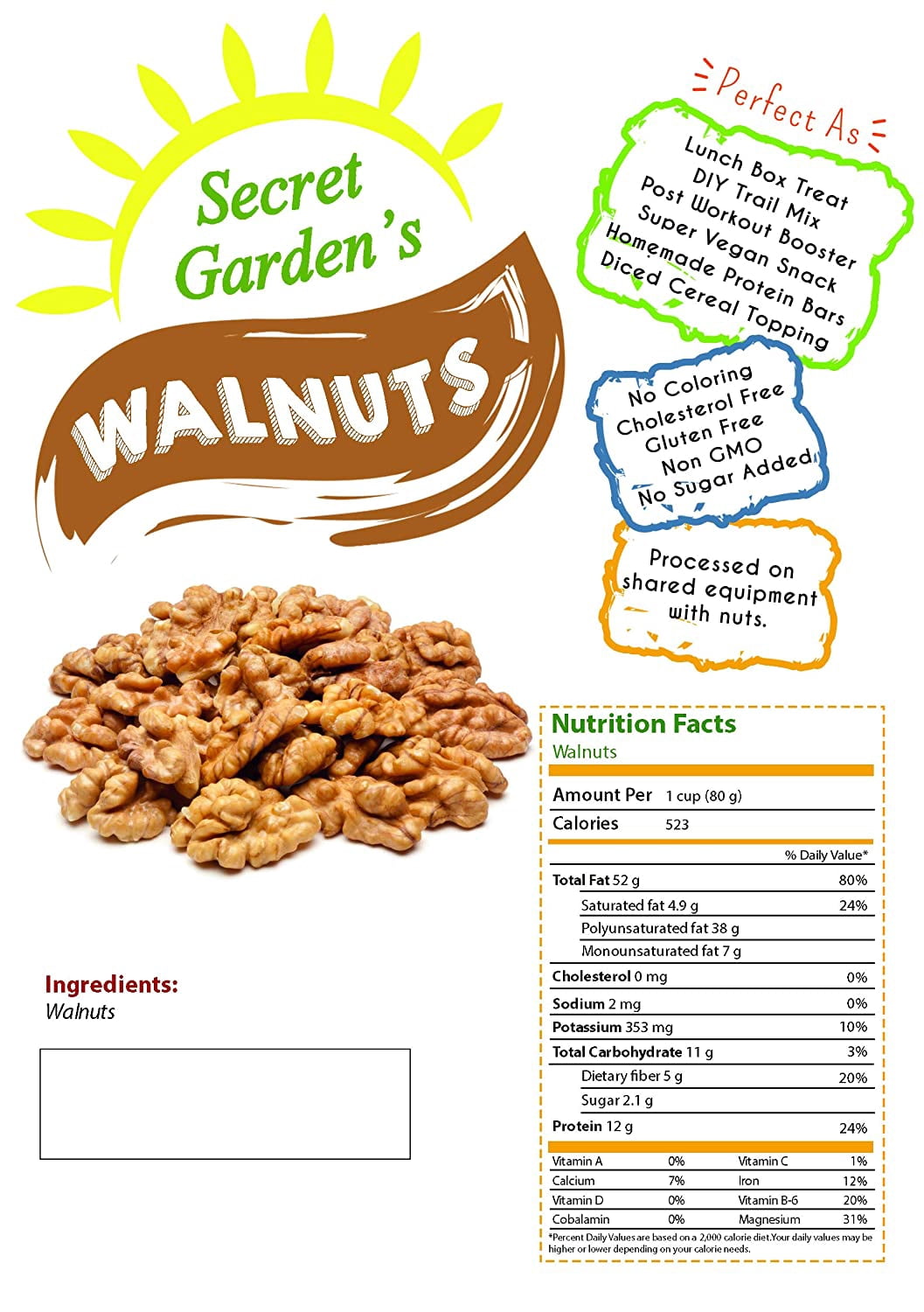 Secret Garden`s California Walnuts,Natural, No Shell Halves and Pieces Packed in Reseable Bags(2LB)