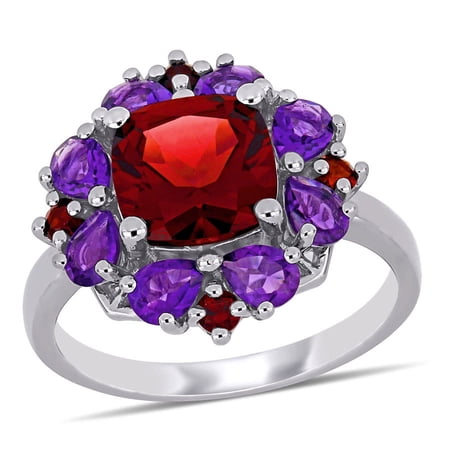 AMOUR 4 2/5 CT TGW Garnet and African Amethyst Quatrefoil Floral Ring In Sterling Silver
