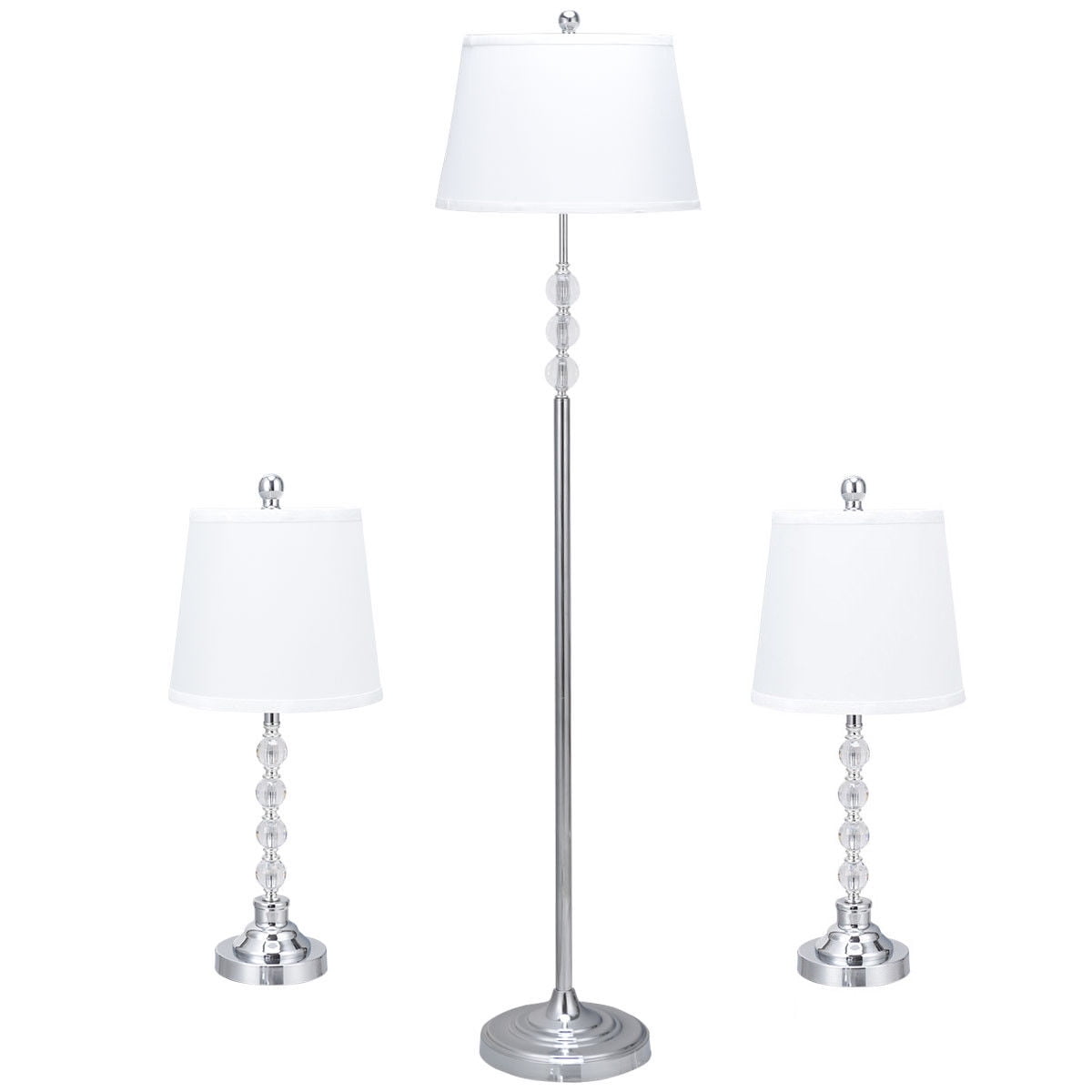 Gymax 3 Piece Lamp Set 2 Table Lamps 1 Floor Chrome Finished Modern Home Bedroom