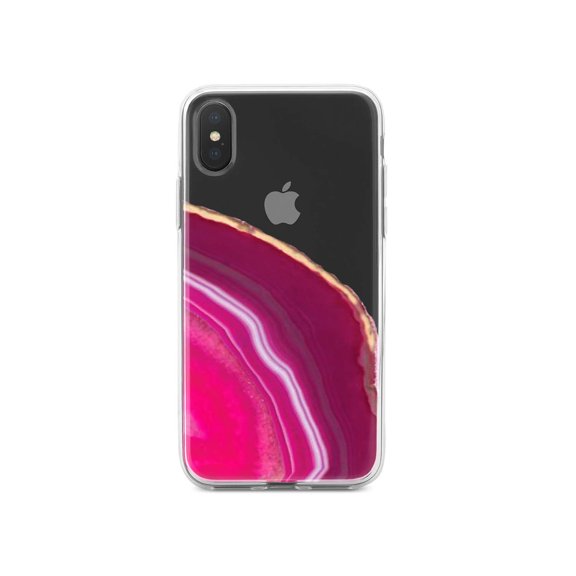 DistinctInk Clear Shockproof Hybrid Case for iPhone XS Max (6.5" Screen) - TPU Bumper, Acrylic Back, Tempered Glass Screen Protector - Hot Pink Agate Crystal Geode