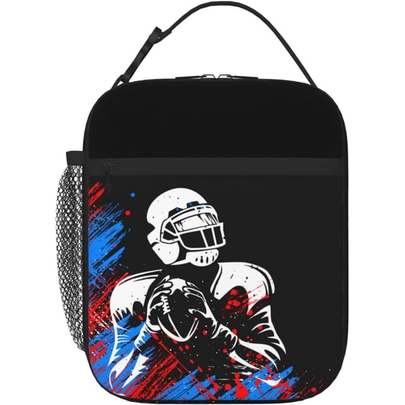 Sports-themed Lunch Bag for Boys Football Insulated Lunch Box with Football Players Pattern Print, Black Cooler Thermal Lunch Bag Tote Handbag with Water Bottle Holder for Kids Teens Youth Adults