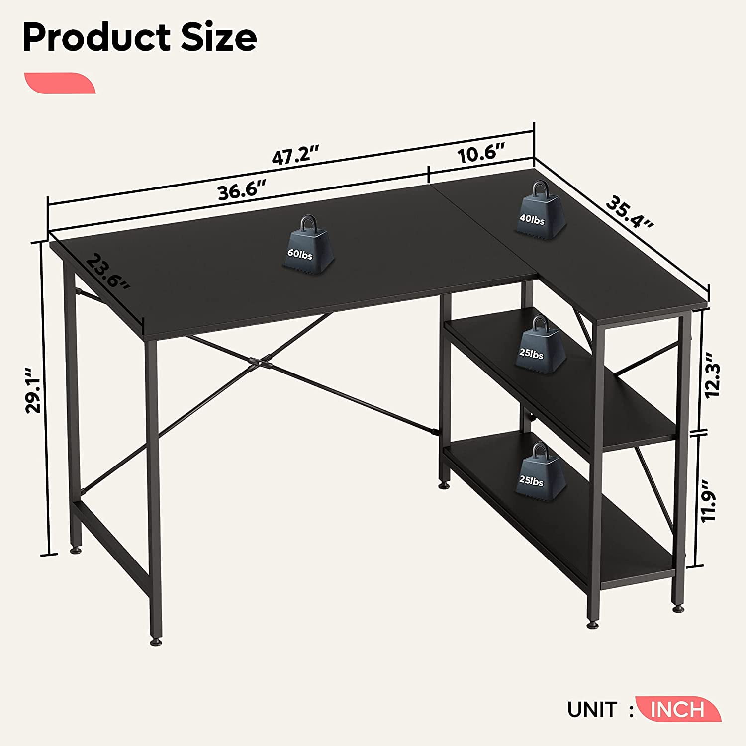 Bestier 47 inch Corner L-Shaped Desk with Storage Shelves Writing Desk Wash Grey