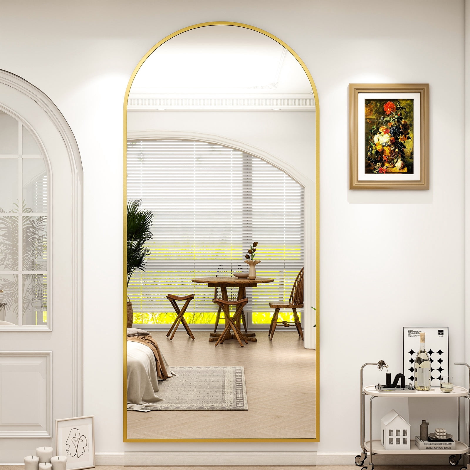 Anyrose 34"x76" Full Length Mirror with Arch-Top Standing Mirror Wall Mounted, Gold
