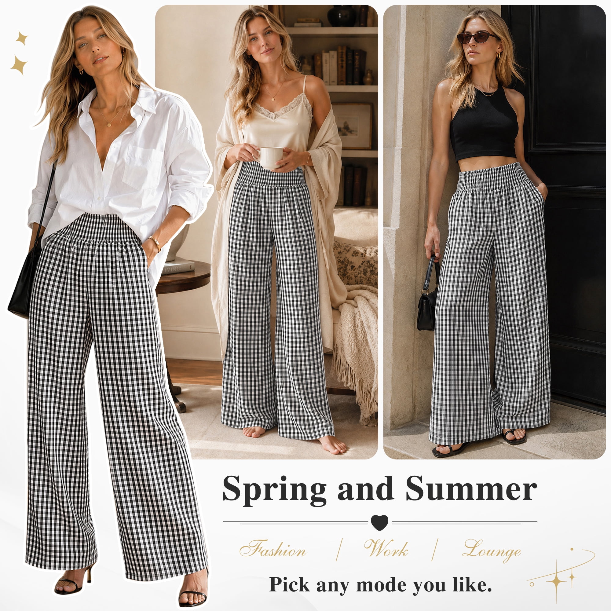 DAKIMOE Pajama Pants Women Palazzo Pants High Waisted Gingham Stripe Lounge Pants Wide Leg PJ Bottoms for Women Valentine's Day
