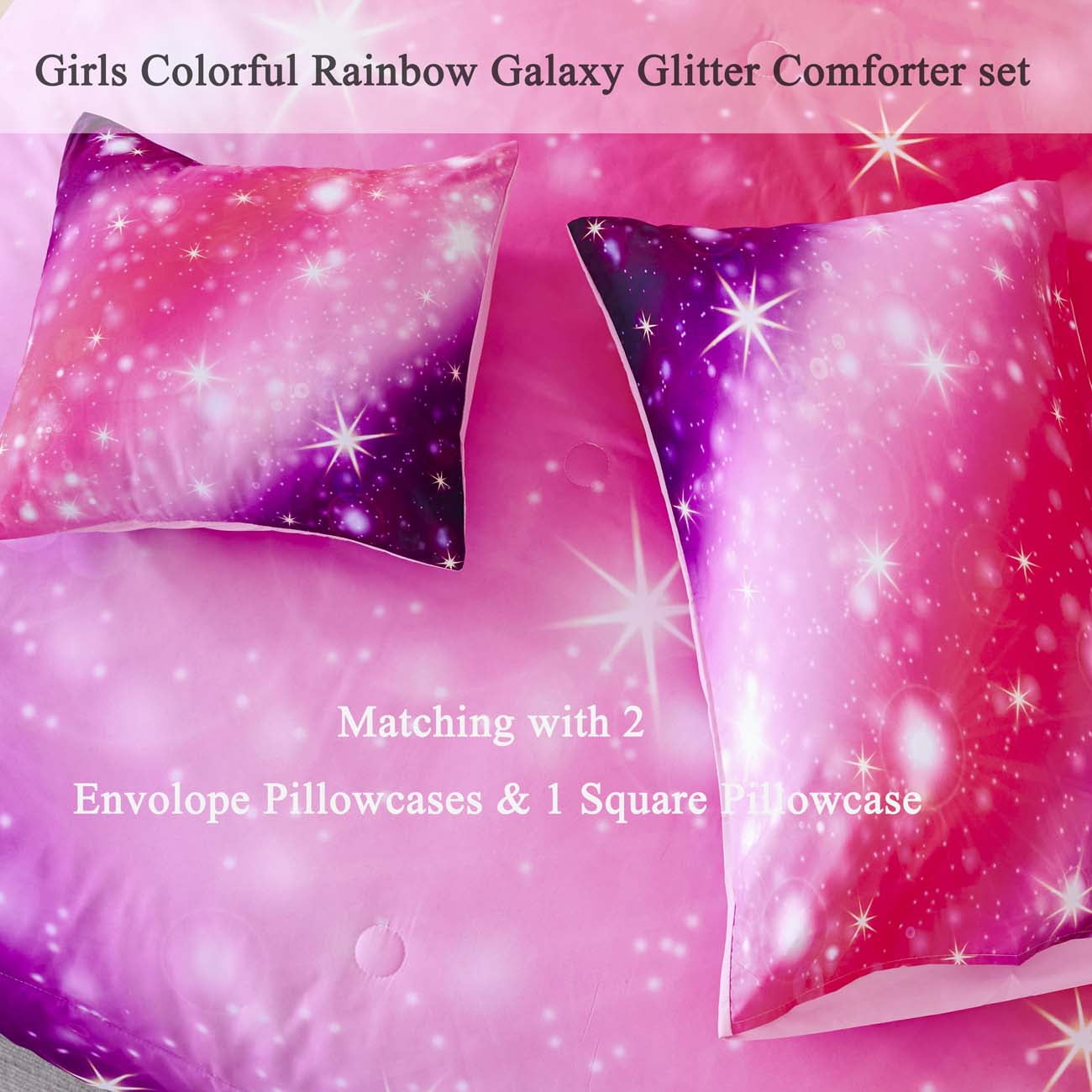 URBONUR Pink Purple Rainbow Girls Bedding Sets Full Size, 4 Pieces Gradient Glitter Comforter Set for Girls, Sparkle Galaxy Comforter Bedding Set for Toddler/Kids/Girls