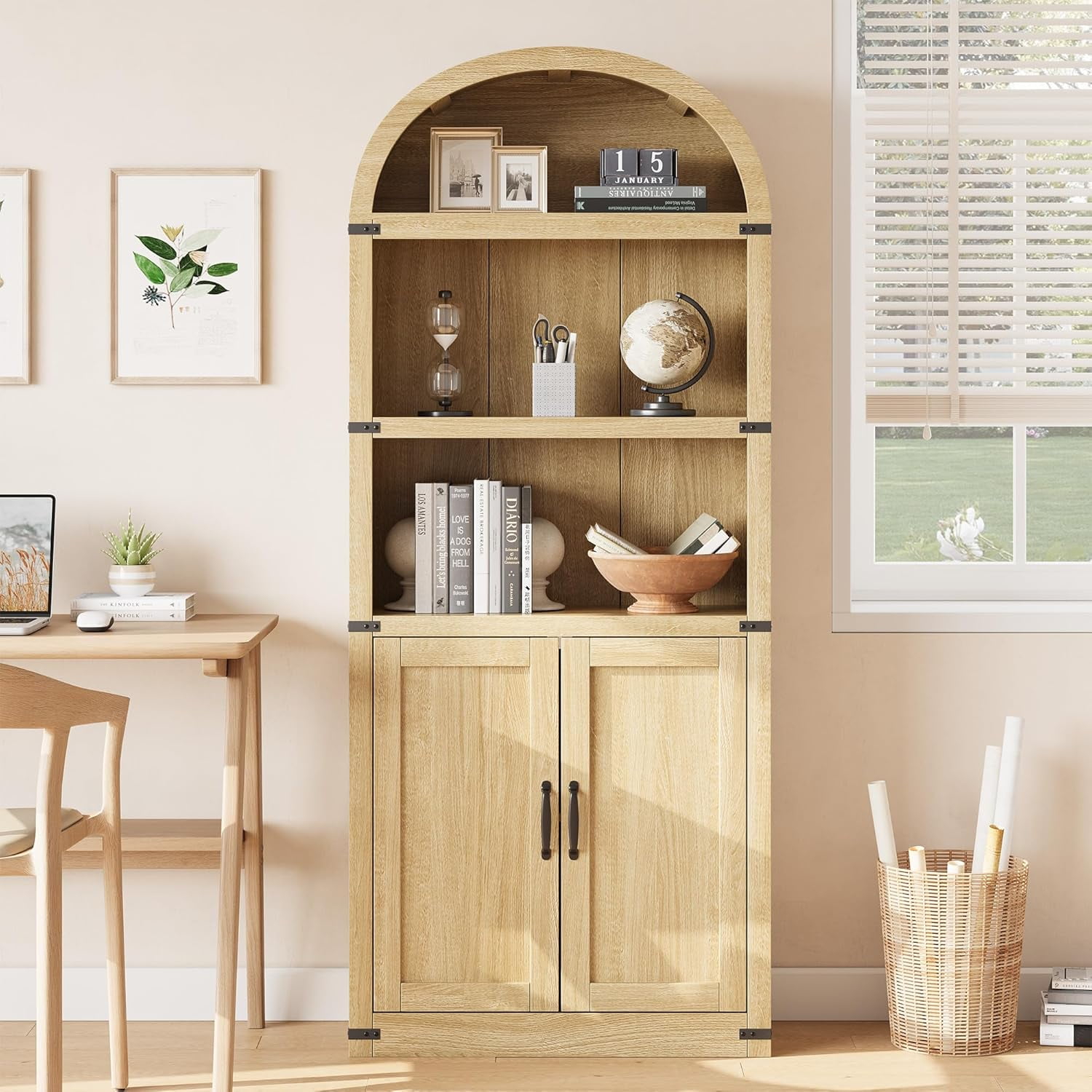 Accreate Bookcase with Doors Arched Bookshelf 71.65in Tall Bookcase Farmhouse Cabinet with Shelves Wooden Bookshelves for Home office, Living Room