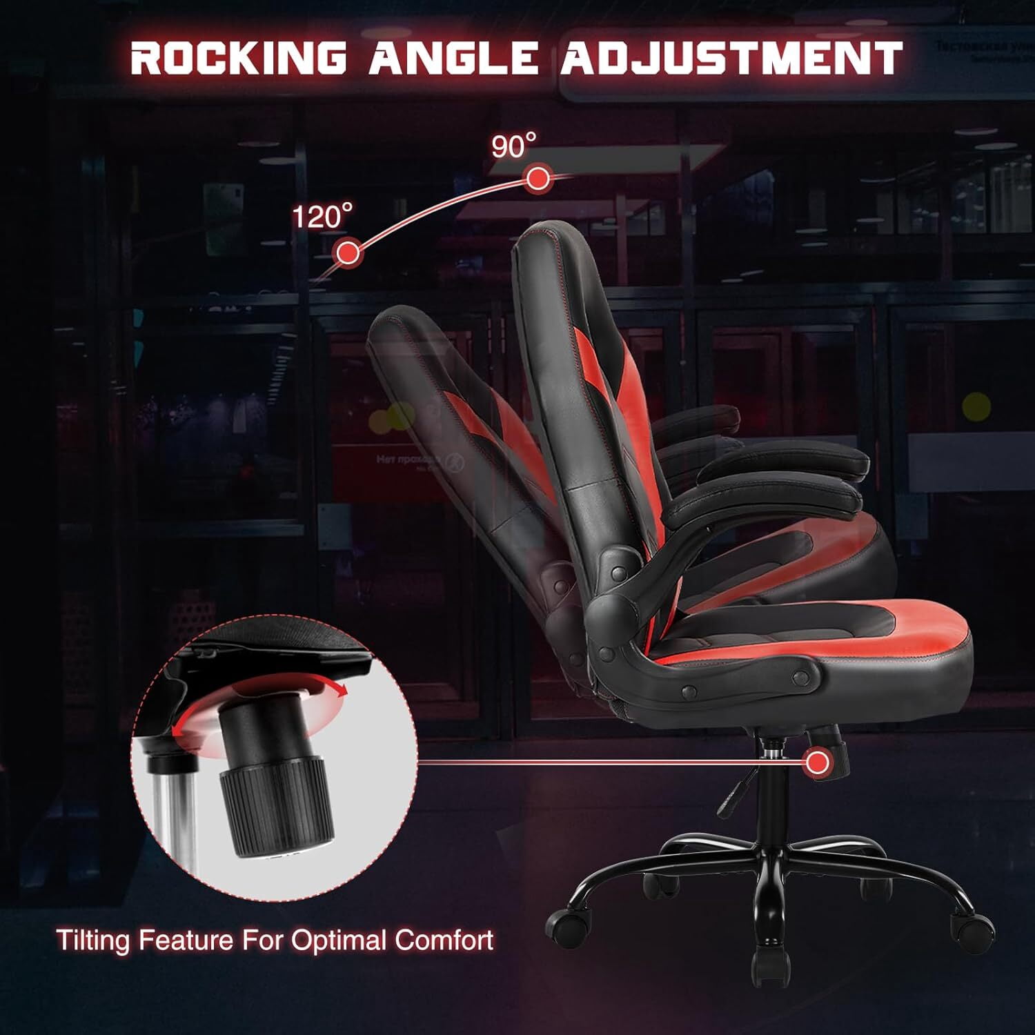 AENKYO Gaming Chair, Computer Chair Ergonomic Office Chair PU Leather Desk Chair Executive Adjustable Swivel Task Chair with Flip-up Armrest, Red