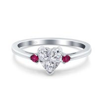 Simulated Cubic Zirconia Size-5 Art Deco Heart Three Stone Wedding Bridal Ring Round Ruby CZ 925 Sterling Silver