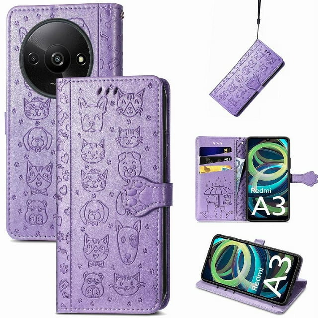 Funda Cartera FOXDOCK para Xiaomi Redmi A3 , Flip PU con Relieve de Gatos y Perros, Tarjetero y Soporte