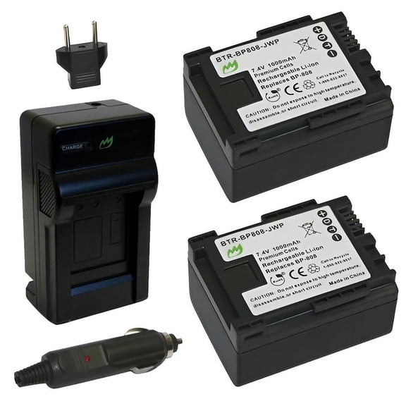 Replacement for Canon VIXIA HF100 Battery (2-Pack, 1000mAh) and Charger with Car Adapter