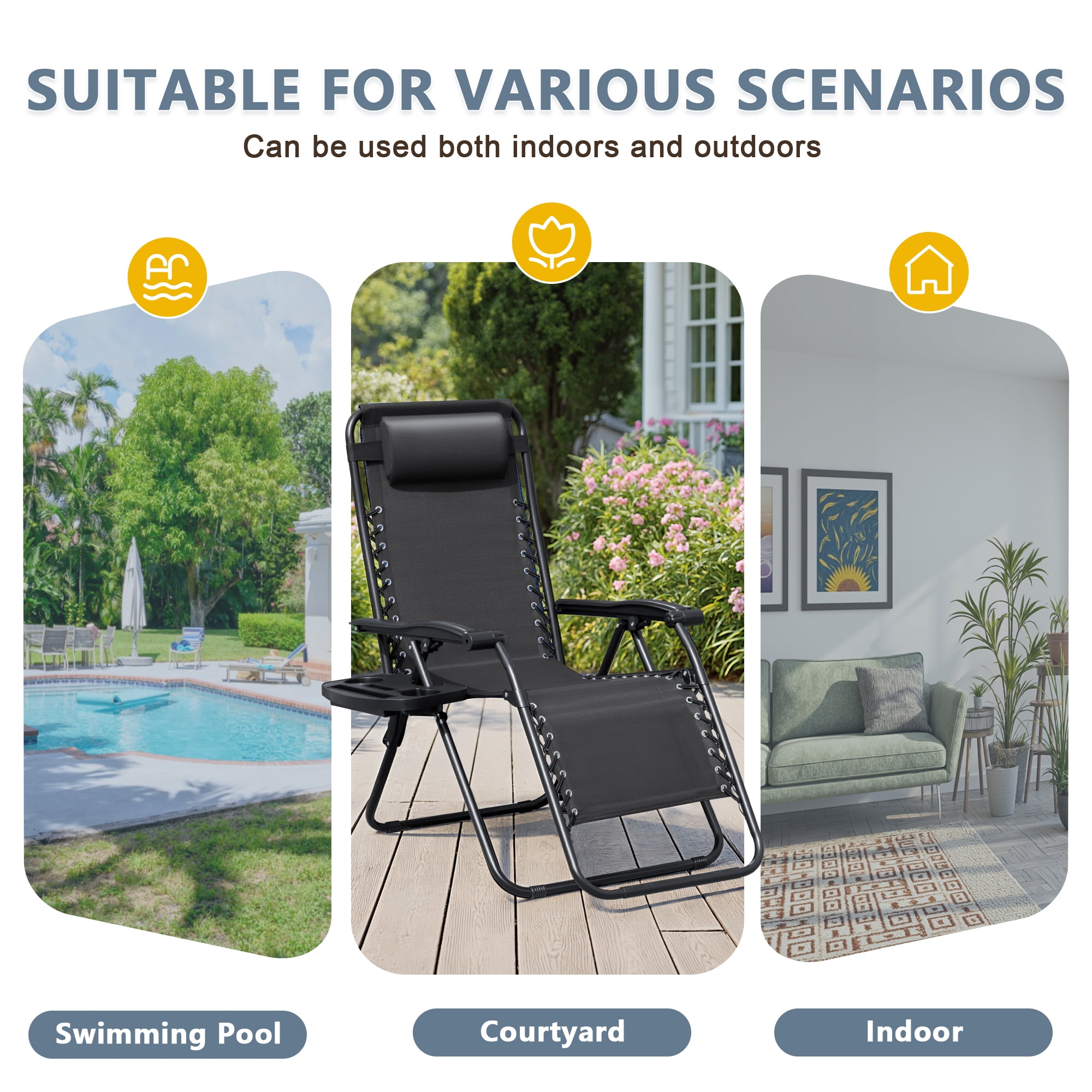 Lacoo Zero Gravity Chair Patio Outdoor Foldable Lawn Lounge Chair Reclining Chair with Adjustable Pillow Pack of 2, Black