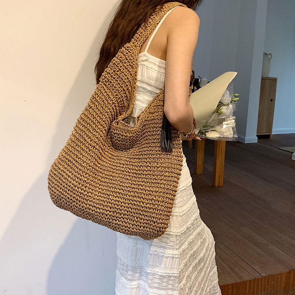 Sac à Bandoulière en Paille pour Femmes, Sac à Main Seau, Tissage