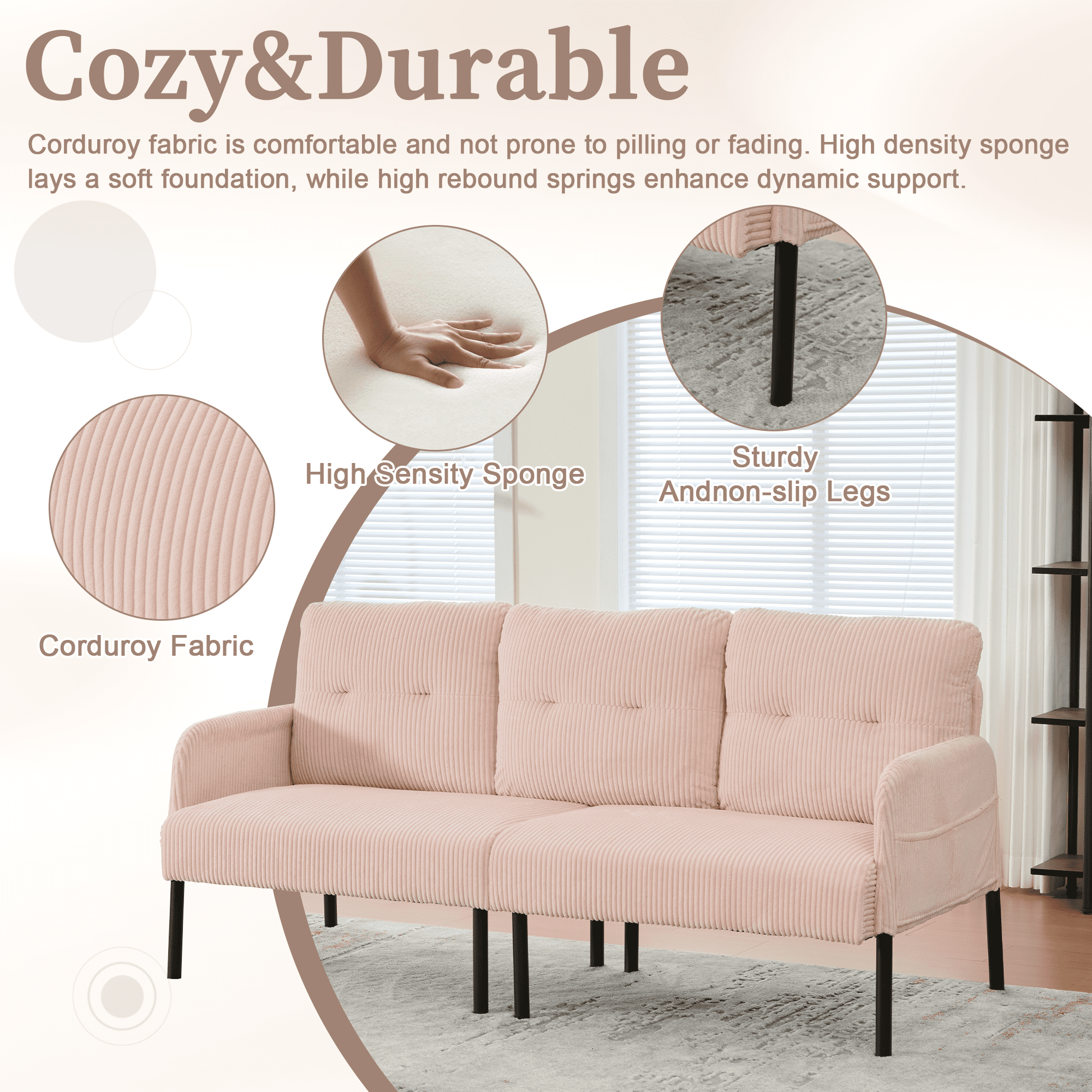 Loveseat, Small Sofa, Couch, Oversized Corduroy 2-Seater Sofa with Side Storage Pockets and Sturdy Metal Legs for Apartment, Dorm or Living Room, Pink