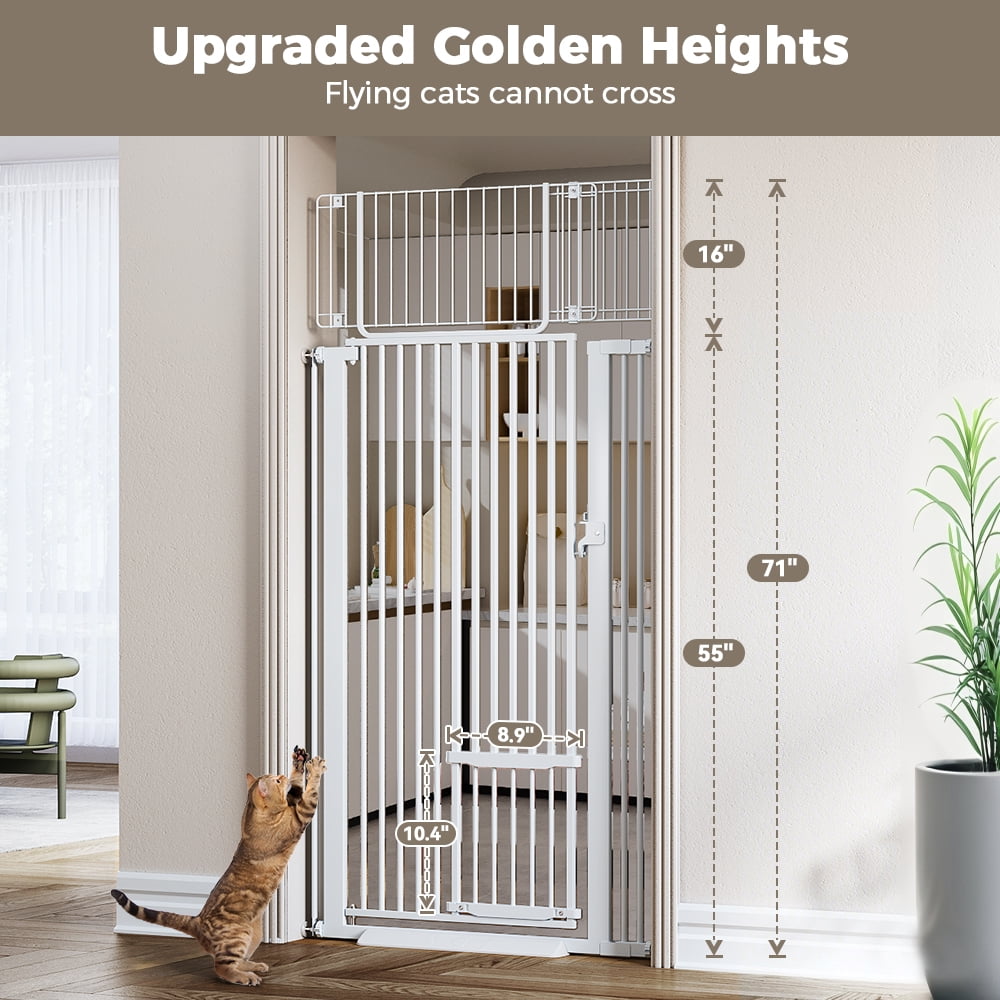 Cat Gate,Domipet 71 inch Extra Tall Pet Dog Gate with Cat Door,29.5''-40.6''Wide Gate for Cats,Walk Through Indoor for Doorways,White