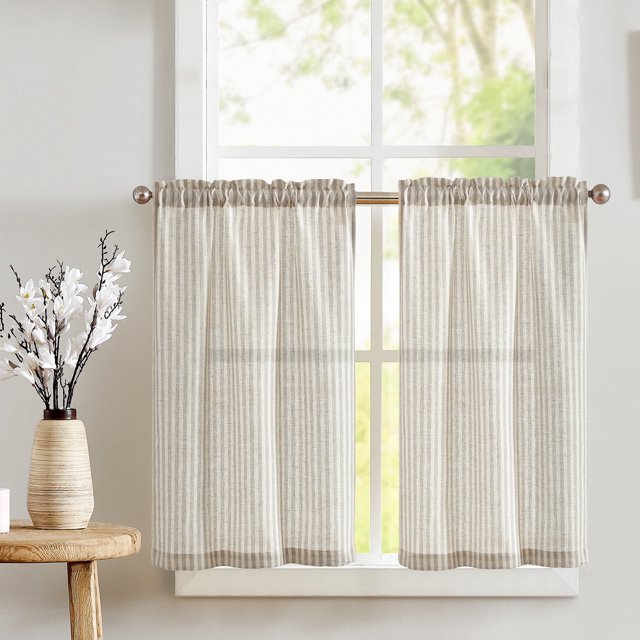 Curtainking Rayé Cuisine Rideau Lin Café Rideaux Semi-Transparent Rustique Ferme Niveau Rideaux 24 Pouces Tige Poche 2 Panneaux Gris