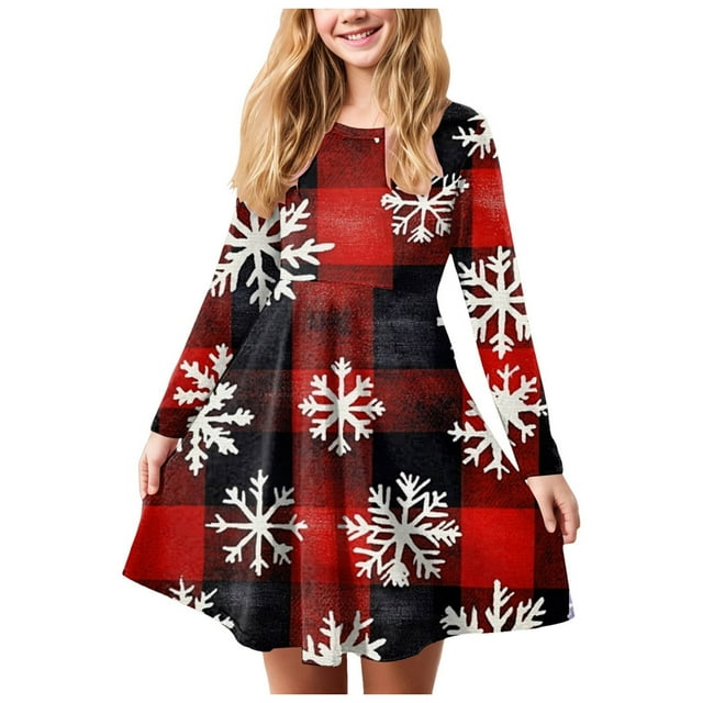 Splozh Robe Décontractée pour Fille à Manches Longues, Imprimé de Noël pour Fille, Bal de Promo, Fête de Noël, Robes pour Fille Rouge, 3-4 Ans