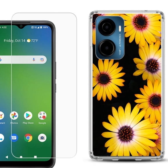 For Cricket Magic 2 5G Phone Case Cover, Shockproof Bumper Hybrid Case with Tempered Glass Screen Protector, by OneToughShield - Yellow Flower