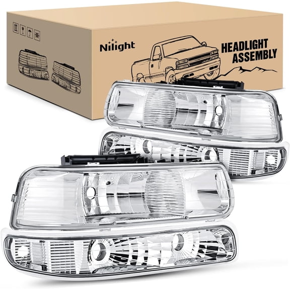 Nilight Headlight Assembly for 1999 2000 2001 2002 Chevy Silverado 1500 1500HD 2500 2500HD 3500 Chevrolet Tahoe Suburban Replacement Headlamp Housing Bumper Lights Set