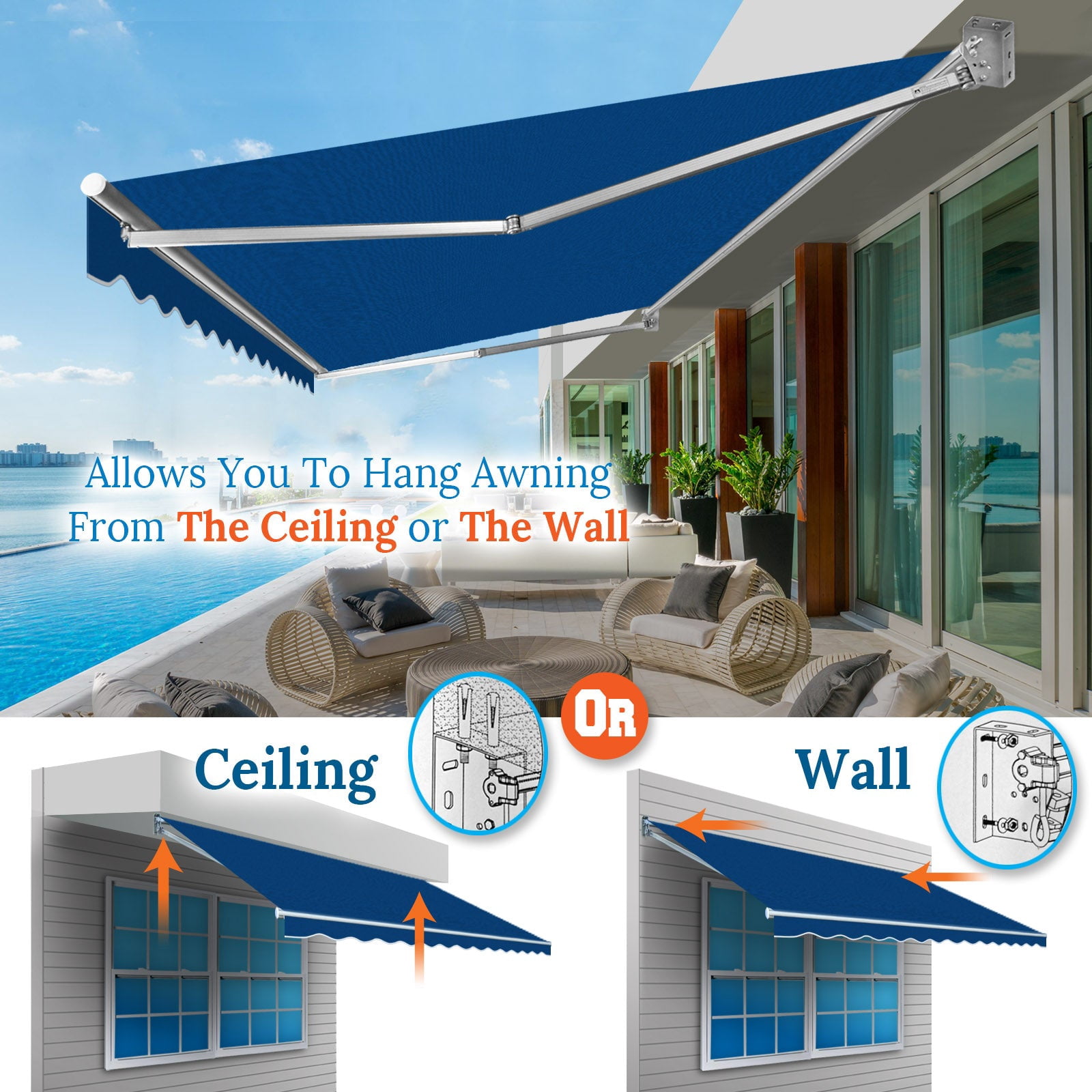 SUNNYOUTDOOR 12x10 FT Patio Awning Retractable Outdoor Sun Shade Manual Patio Deck Awning Heavy Duty Awning (Blue)