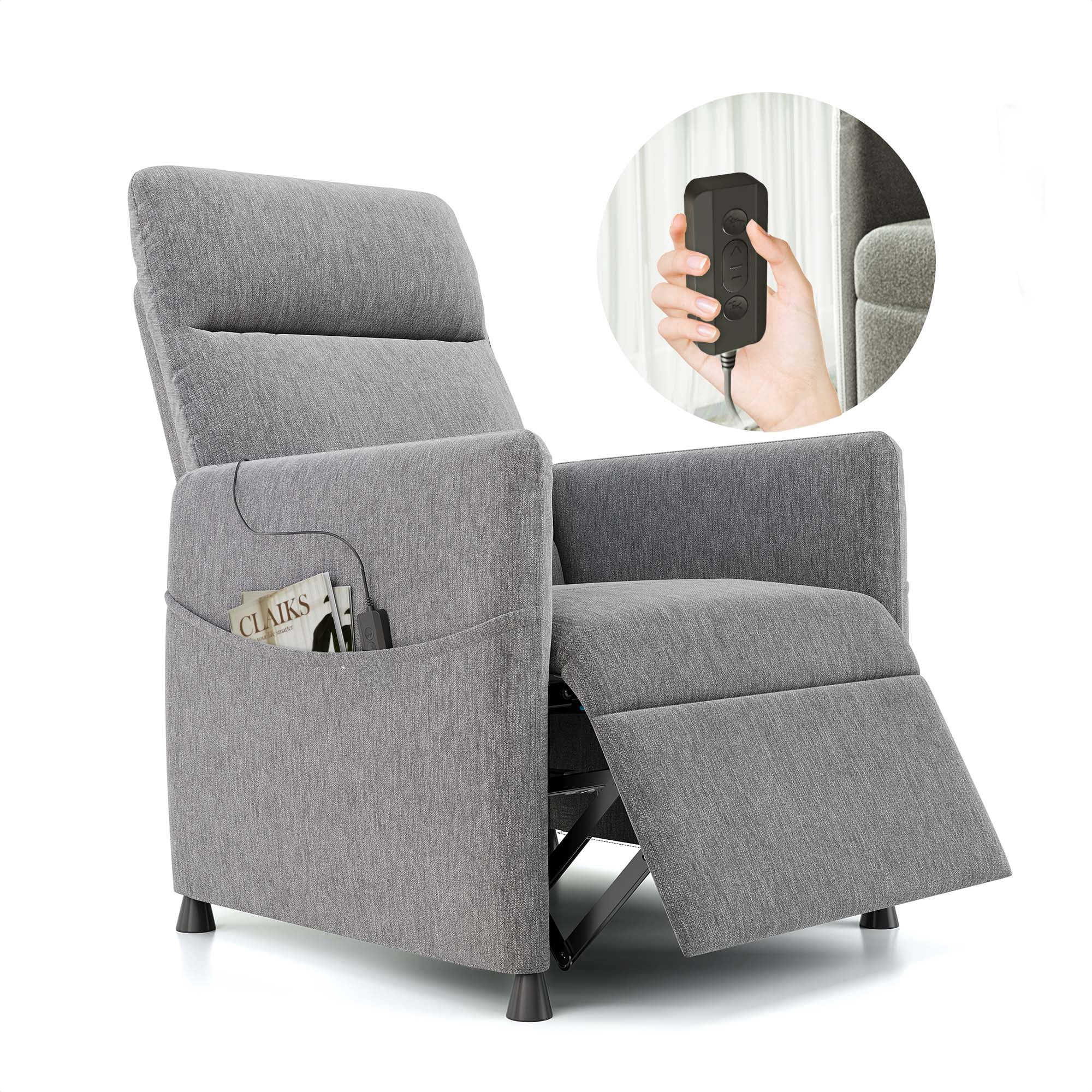 Miniyam Power Recliner Chair for Adults - Modern Fabric Electric Recliner Footrest, Padded Seat - Space-Saving Design for Living Room, Home Theater - Light Grey
