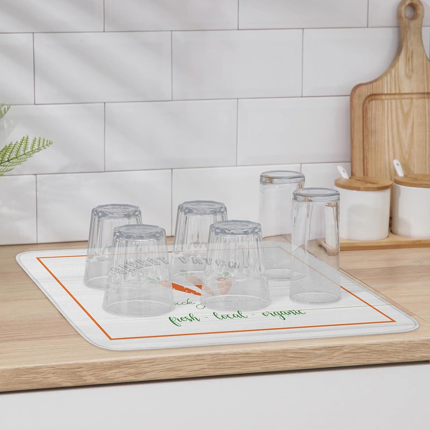 Spring Easter Dish Drying Mat for Kitchen Counter, Orange Board Carrot Vintage Wood Baby Bottle Microfiber Drying Pad, Absorbent Coffee Cup Dishes Drainer Mats 18"x24", 2 Pcs