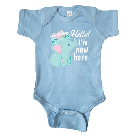 

Inktastic Hello I m New Here with Cute Baby Elephant with Flower Crown Gift Baby Boy or Baby Girl Bodysuit