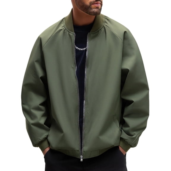 Men's Casual Solid Color Loose Fit Thin Jacket Men's Windproof Zipper Baseball Collar Jacket Army Green L
