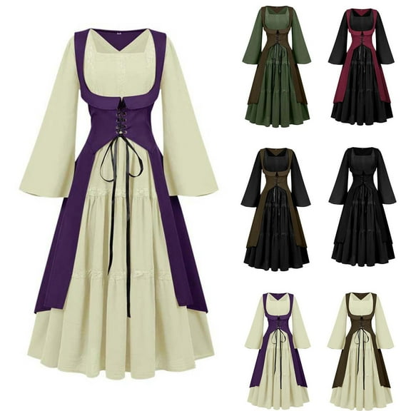 Hvyesh Women's Renaissance Costume Medieval Lace Up Long Dress Gothic Square Collar Ruffer Swing Dress